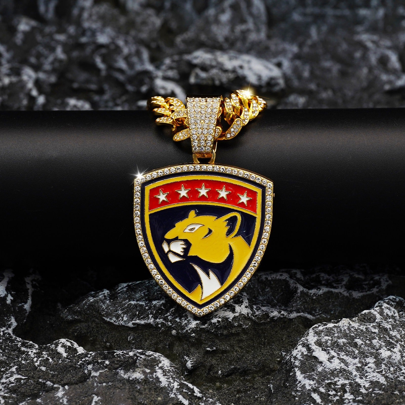 Florida panther Cuban NecklaceThe logo of the Florida Panthers team - a hip Cuban chain pendant necklace for both men and women, a trendy brand for sports fans, a Cuban necklace, an athletic fan item - featuring a hip Cuban chain pendant.