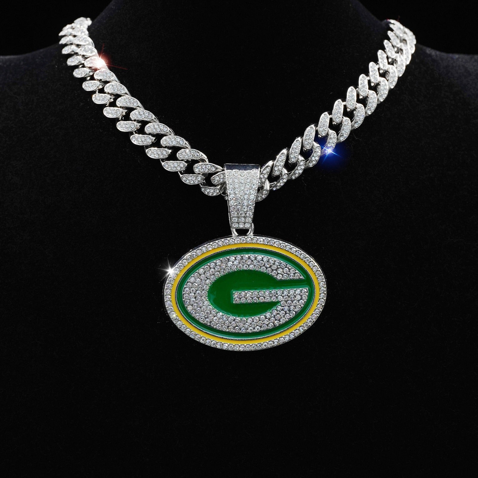 Green Bay Packers NFL Rhinestone Decorated G Necklace, Hip Hop Punk DesignCuban Necklace, Fashion Jewelry Accessories for Men &Women, Applies in every scenario