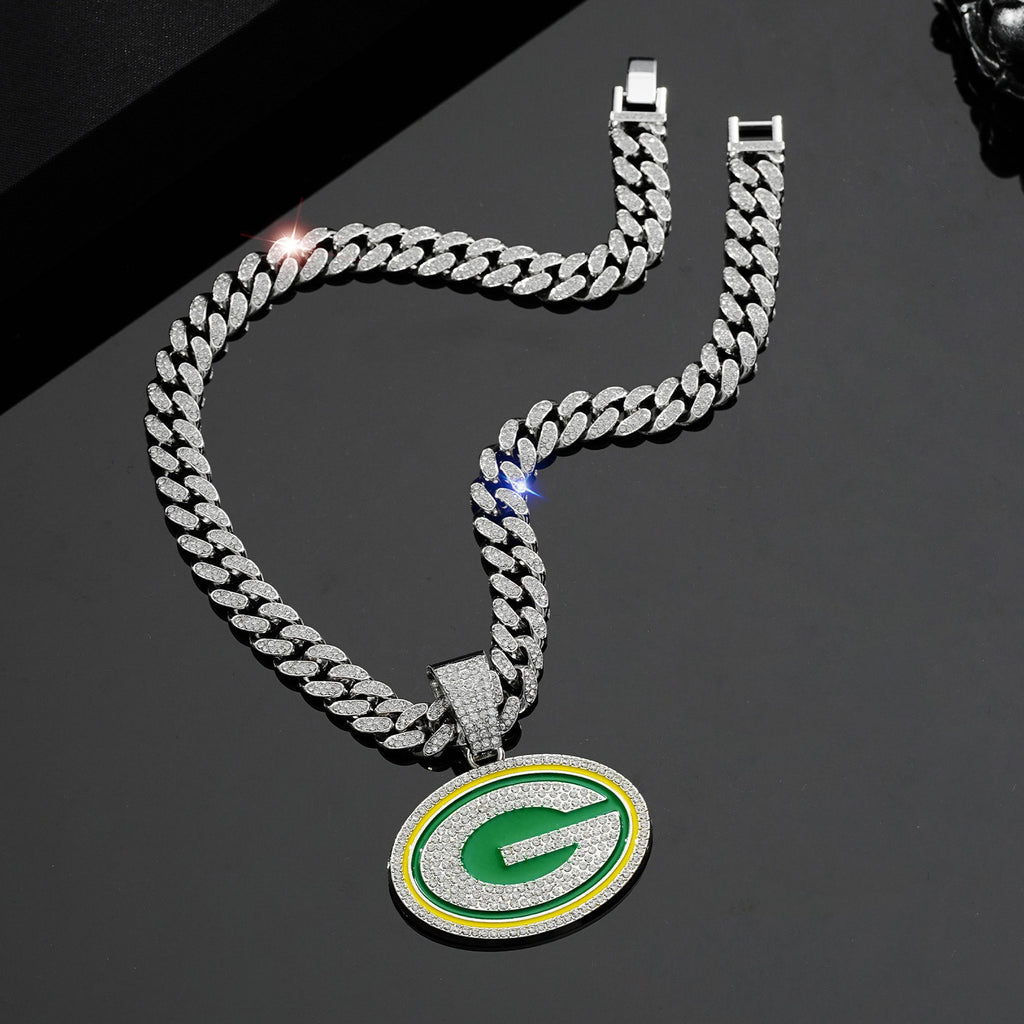 Green Bay Packers NFL Rhinestone Decorated G Necklace, Hip Hop Punk DesignCuban Necklace, Fashion Jewelry Accessories for Men &Women, Applies in every scenario