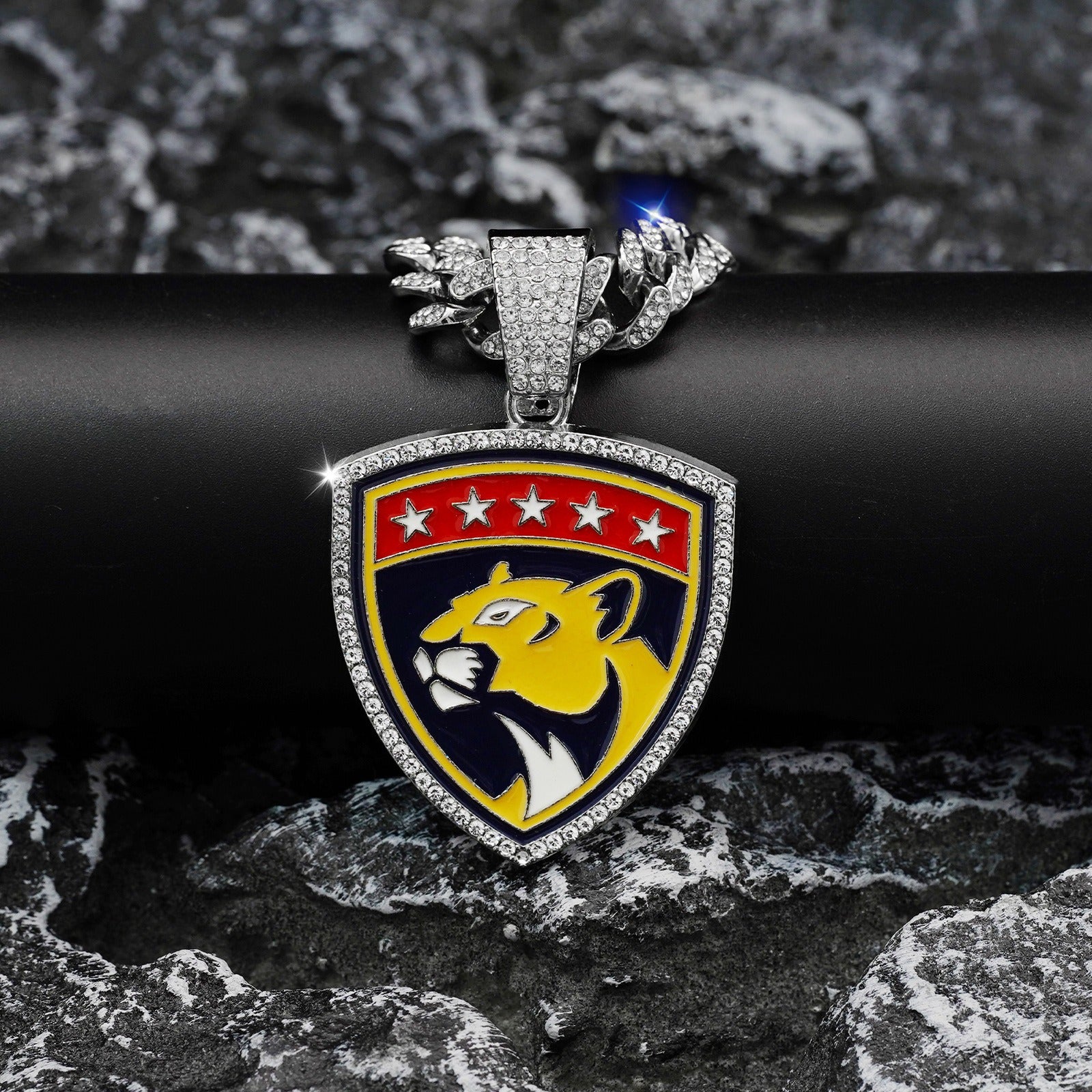 Florida panther Cuban NecklaceThe logo of the Florida Panthers team - a hip Cuban chain pendant necklace for both men and women, a trendy brand for sports fans, a Cuban necklace, an athletic fan item - featuring a hip Cuban chain pendant.