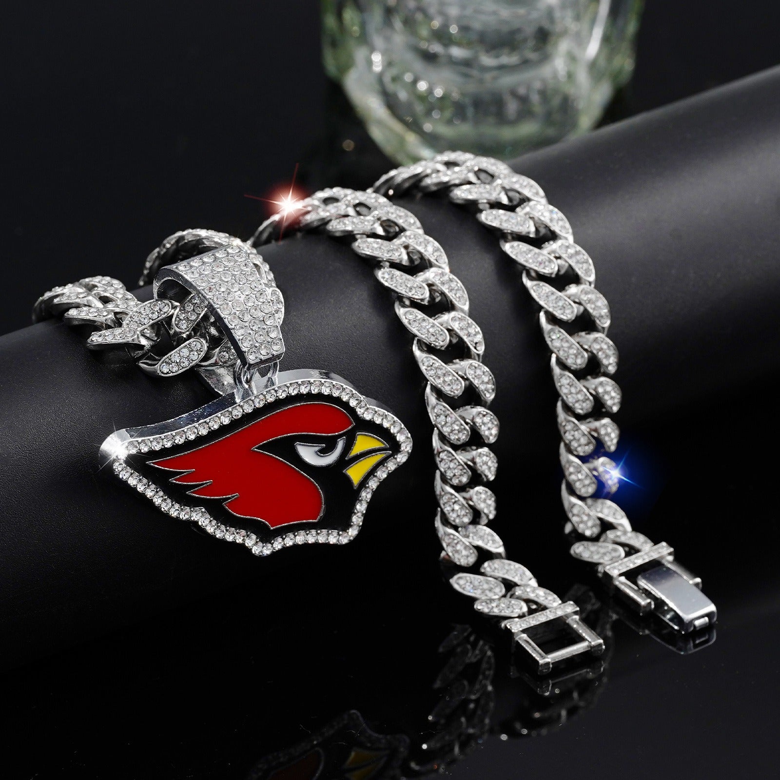 Arizona Cardinals team logo hip-hop Cuban chain pendant necklace for men and women, trendy brand, Cuban necklace, football fan, team logo hip-hop Cuban chain pendant necklace for men and women, trendy brand