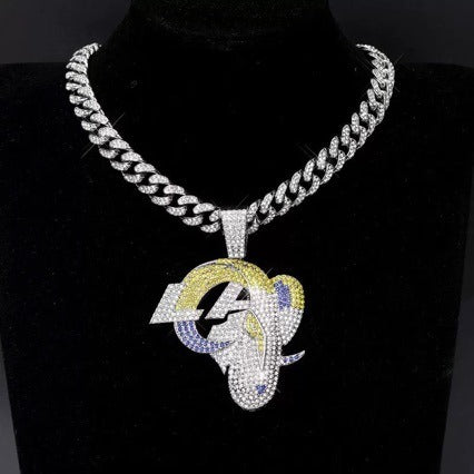 Los Angeles Rams logo hip-hop Cuban chain pendant necklace for men and women, trendy brand, Cuban necklace, football fan, team logo hip-hop Cuban chain pendant necklace for men and women, trendy brand