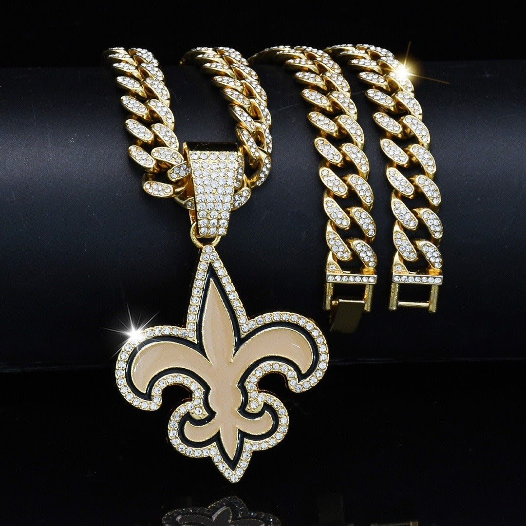Orlando Saints team logo hip-hop Cuban chain pendant necklace for men and women, trendy brand, Cuban necklace, football fan, team logo hip-hop Cuban chain pendant necklace for men and women, trendy brand
