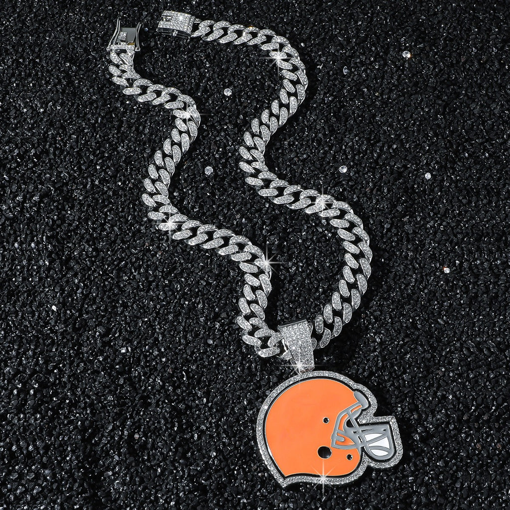 Cleveland Browns team logo hip-hop Cuban chain pendant necklace for men and women, trendy brand, Cuban necklace, football fan, team logo hip-hop Cuban chain pendant necklace for men and women, trendy brand