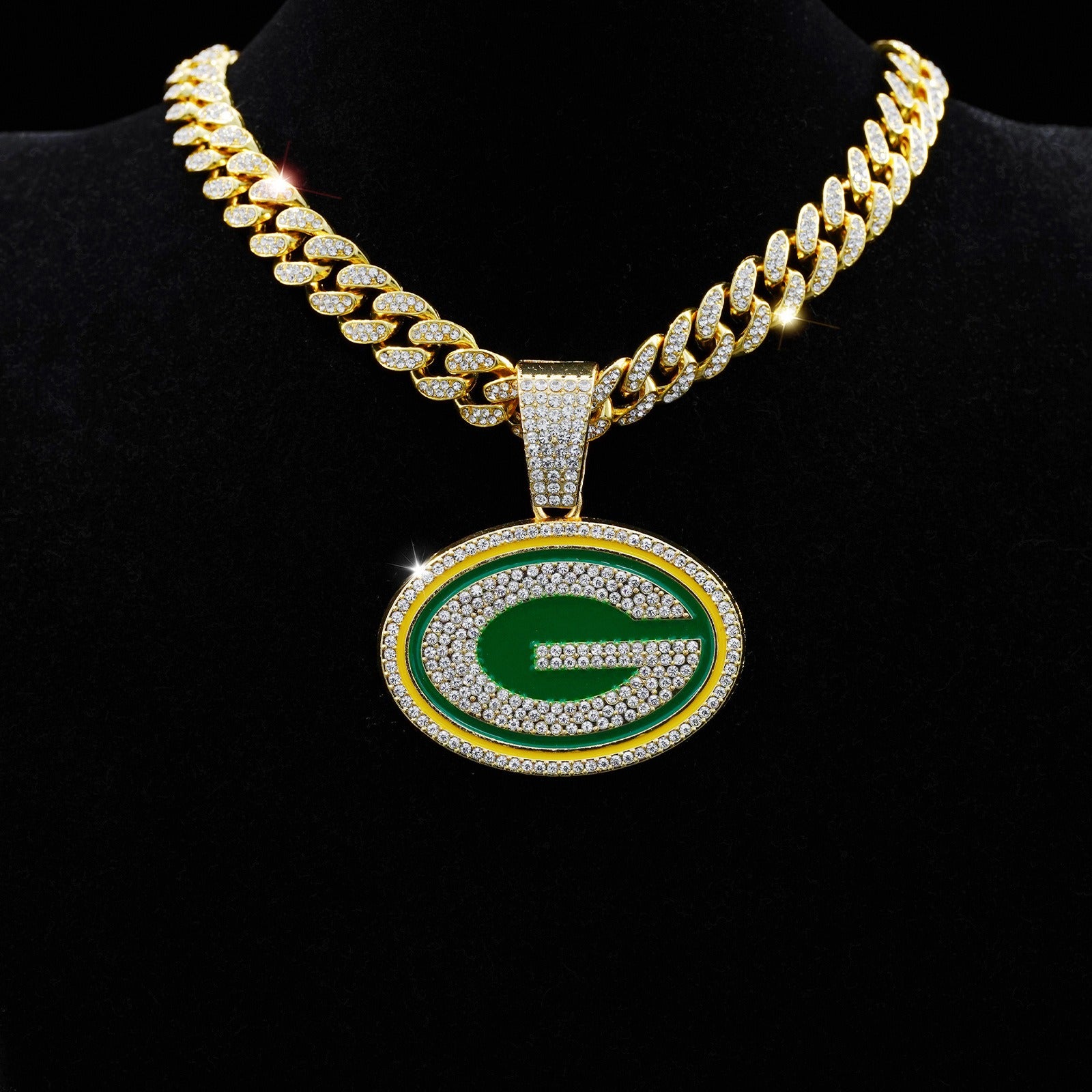 Green Bay Packers NFL Rhinestone Decorated G Necklace, Hip Hop Punk DesignCuban Necklace, Fashion Jewelry Accessories for Men &Women, Applies in every scenario